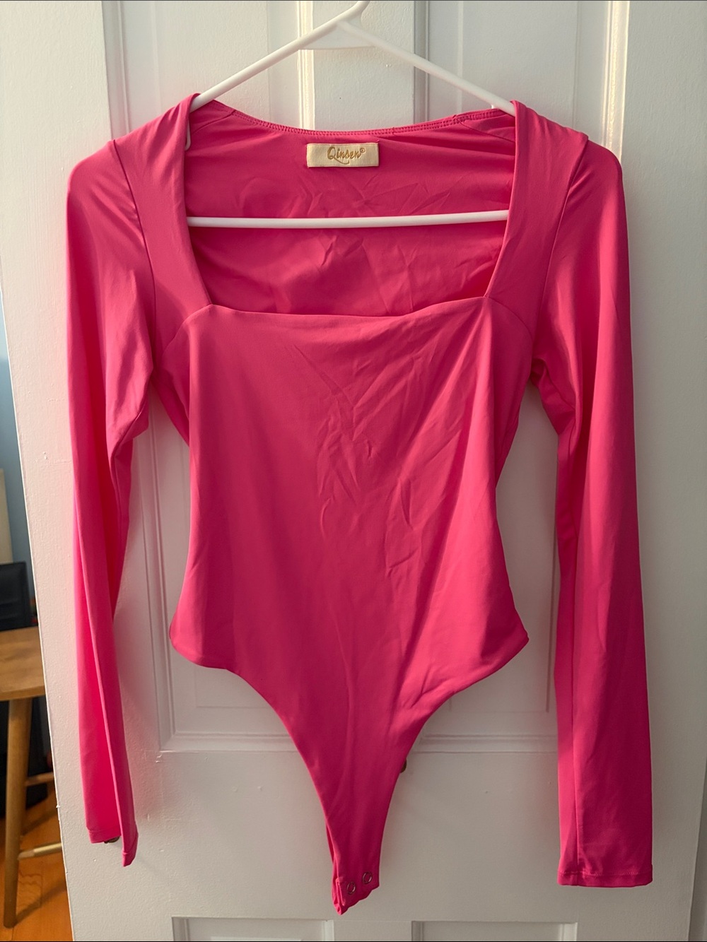 Hot Pink Long Sleeve Square Neck Bodysuit